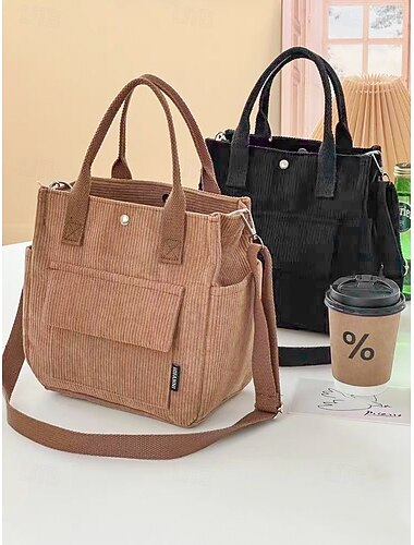  Sac fourre-tout en velours côtelé pour femme avec bandoulière – Sac à main vintage décontracté pour le travail, les voyages, le shopping et le quotidien