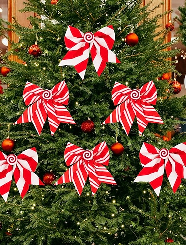  6 kpl joulukoristeita, puna-valkoraidallisia karkkirusetteja joulukuusen koristeluun, jouluikkunaan