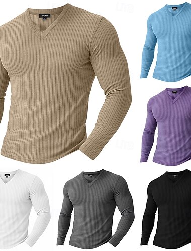  Homens Camiseta camisa muscular Camiseta de malha canelada T-shirt Manga Longa Decote V Primavera Outono Inverno Tecido Pit Strip Moda Designer Básico Tricôt Férias Rua Casual Azul Claro Preto Branco