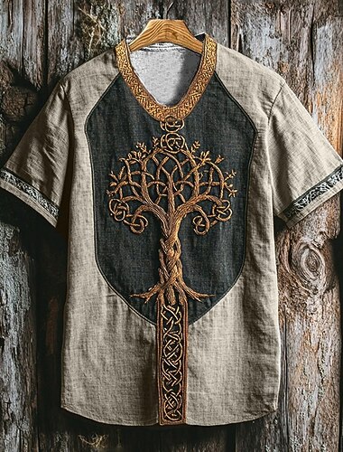  Homens Camiseta Camisetas Camisetas gráficas Camisa de manga curta Manga Curta Decote V Verão Tribal Árvore da Vida Yggdrasil Vintage Designer Básico Imprimir Férias Rua Para Noite Azul cáqui Top Tee
