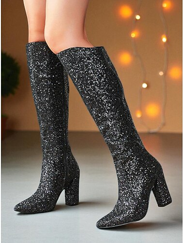  Rosa glitterstøvletter over kneet med blokkhæl til dame – glitrende høye feststøvletter for kvinner, perfekte for antrekk til natteliv