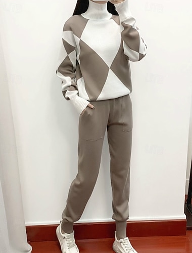  בגדי ריקוד נשים סוודר תיאום סוודר סגנון רחוב יום יומי גיאומטרי גולף סרוג שרוול ארוך חולצות רגילות לִסְרוֹג יומי ליציאה סוף שבוע שחור אודם סתיו חורף