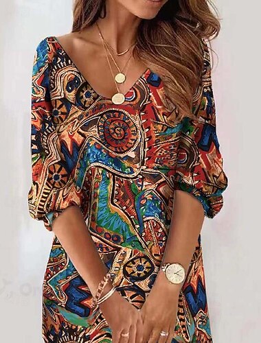  Femmes Mini Robe Robe fourreau Fête Occasionnel Boho Anniversaire Quotidien Cocktail Coupe régulière Fleuri Graphique Tribal manche longue Col en V Marron Printemps Automne Hiver