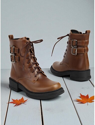  Dames Laarzen Werk laarzen Dagelijks Booties enkellaarzen Gesp Lage hak Ronde Teen Klassiek Casual Industriële stijl Microbieel leer Rits Veters Lichtbruin Donker Bruin Zwart