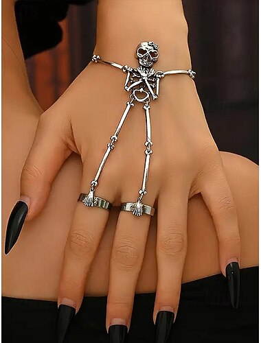  Pulsera de cadena con forma de mano de esqueleto de Halloween para mujer con anillos: joyería gótica punk con calavera para fiestas de disfraces, cosplay y eventos nocturnos.
