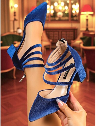  Sapatos femininos de veludo azul, bico fino, salto bloco e design com várias tiras - sapatos elegantes para coquetéis e ocasiões formais