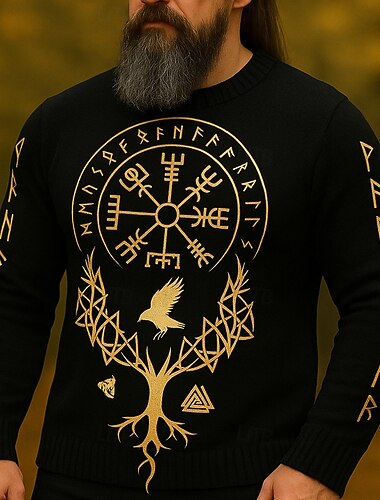  Hombre Vikingo Suéter de punto Prendas de punto Cuello redondo Retro Antiguo Casual Vacaciones Diario Impresión 3D Mantiene abrigado Manga Larga Primavera Otoño Invierno Marrón oscuro Negro