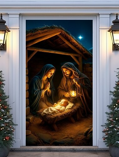 Jul dørdeksel nativity scene dørgardin med baby og 2025 xmas dørhengende ferie fest hjemme dekor