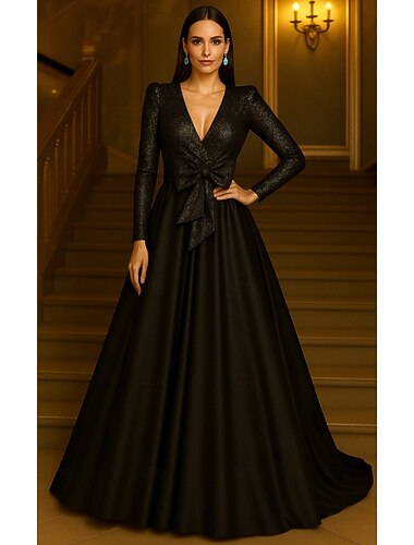  А-силуэт В пол Вечернее платье С пышной юбкой Торжественное платье Элегантный стиль Длинный рукав V-образный вырез Официальные Свадьба Карман Сатин Люрексовая ткань с Бант(ы) Рюши