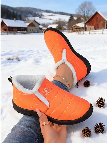  orangefarbene, wasserdichte Schneestiefel für Damen mit warmem Plüschfutter, leichte Winterschuhe zum Hineinschlüpfen für kaltes Wetter im Freien und im Halloween-Stil