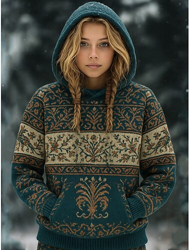  vintage viking női pulóver, kapucnis pulóver, grafikus geometrikus mintás, meleg vintage western hosszú ujjú, kapucnis, normál felső, utcai minta, elülső zsebbel, fekete sötétzöld, zöld tavasz, ősz,