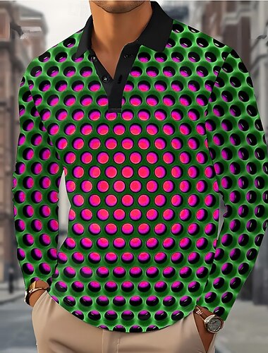  Men's Geometric Abstract Polo Long Sleeve Polo Shirts Lapel Casual Outdoor Street Athleisure Daily Wear 3D Print Buttons Spring Fall Winter Blue Purple Green