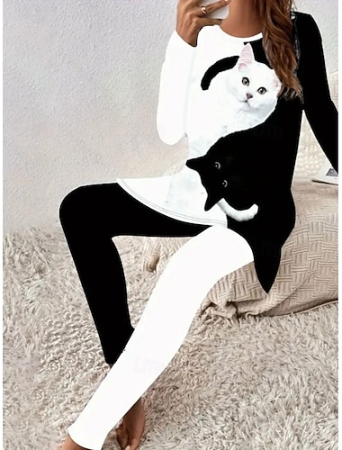  בגדי ריקוד נשים אלגנטית חופשה אופנתי חולצה קצרה ערכות מכנסיים שרוול ארוך צווארון עגול קצר צווארון עגול גראפי חיה חתול דפוס קזו'אל יומי יום יומי\קז'ואל לבן אביב רגיל