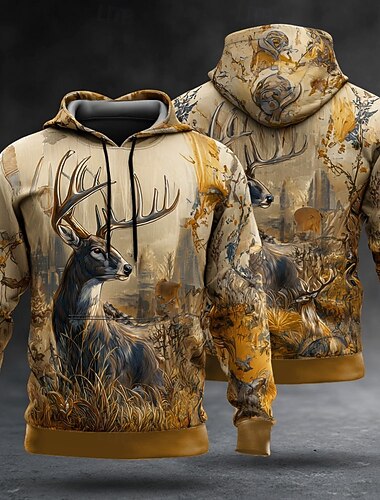  Homens Veado Moletom Moda Clássico Gola Redonda Ao ar livre Caça Amarelo Marron Com Cordão Outono Inverno Designer