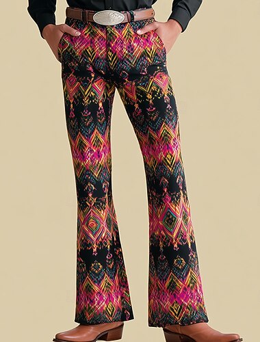  Herren Geometrisch Karomuster Raster Hose Disco-Hosen 60er 70er Schlaghosen Mittlere Taille Western Vintage-Retro Outdoor Urlaub Lässig Seitentaschen Schlaghose Frühling Herbst 3D-Druck Schwarz / Rot