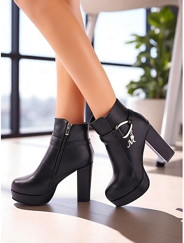  レディース ブラック プラットフォーム アンクルブーツ - サイドジッパー付きのフェイクレザーのチャンキー ハイヒール ブーツ。おしゃれ、仕事、夜のお出かけにぴったり。