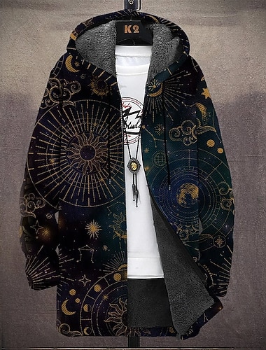  Voor heren Viking Winterjas Fleecejack Jas Thermisch Warm Comfortabel Vintage Casual Alledaagse kleding Vetoketju Zak 3D-afdrukken Herfst Winter Capuchon Lange mouw Zwart