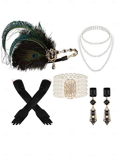  Sieradenset voor dames in Gatsby-stijl uit de jaren 20 - pauwenveren hoofdband, parelarmband, oorbellen, ketting en handschoenen voor vintage feest- en avondkleding