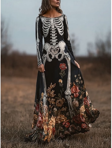 Damen Skelett Bodenlanger Kleid Schichten Kleid Lässig Boho Hochzeitsgast Strand Reguläre Passform Floral Grafik Lange Ärmel Rundhals Schwarz Frühling Herbst Winter   Damen Skelett Bodenlanger Kleid Schichten Kleid Lässig Boho Hochzeitsgast Strand Reguläre Passform Floral Grafik Lange Ärmel Rundhals Schwarz Frühling Herbst Winter