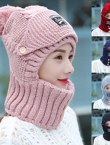  Knitted Hat With Ear Protectors Women Winter Warm Fleece Lined Beanie Scarf Set Thickened Knit Hat Detachable Face Mask Outdoor Cycling Cold Weather Accessories