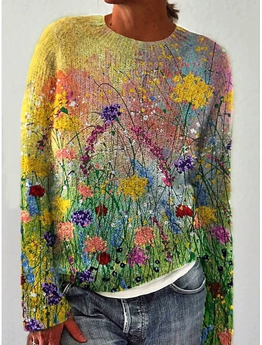  Damen Pullover Lässig Blumen Grafik Rundhalsausschnitt Patchwork Gestrickt Langarm Normale Oberteile Stricken Arbeit Gelb Orange Frühling Herbst