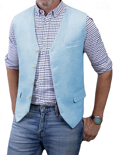  Per uomo Gilet Vacanza Feste Affari Moda Casual Primavera Autunno Tasca Bottoni 75% cotone Confortevole Semplice Monopetto Un Bottone Scollo a V Vestibilità regolare Argento Nero Bianco Champagne