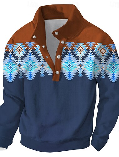  Homens asteca Retalhos Moletom Étnico Vintage retrô Manga Longa Gola Alta Férias Para Noite Azul cáqui Botões Outono Inverno Designer S M L XL XXL 3XL