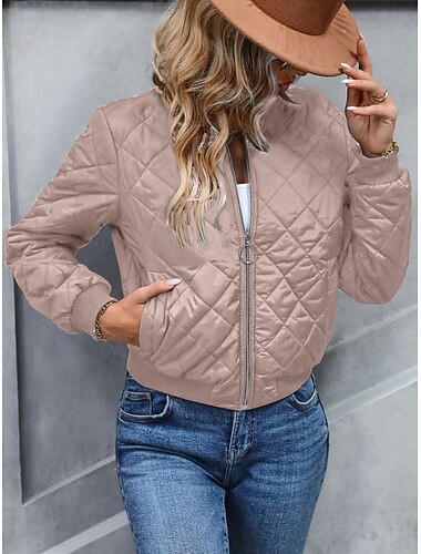  Women's Bomber Jacket Casual Jacket Comfortable Breathable Zipper Pocket Casual Plain Vacation Street Casual Daily Wear Zipper Short Stand Collar Regular Fit Long Sleeve Outerwear Navy Black Pink
