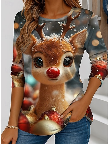 Weihnachten Damen T Shirt Weihnachtsmann Rentier Schneeflocke Vintage Stilvoll Klassisch Langarm Rundhalsausschnitt Rundhals Normale Oberteile Wochenende Druck Salbeigrün Armeegrün Königsblau Blau   Weihnachten Damen T Shirt Weihnachtsmann Rentier Schneeflocke Vintage Stilvoll Klassisch Langarm Rundhalsausschnitt Rundhals Normale Oberteile Wochenende Druck Salbeigrün Armeegrün Königsblau Blau