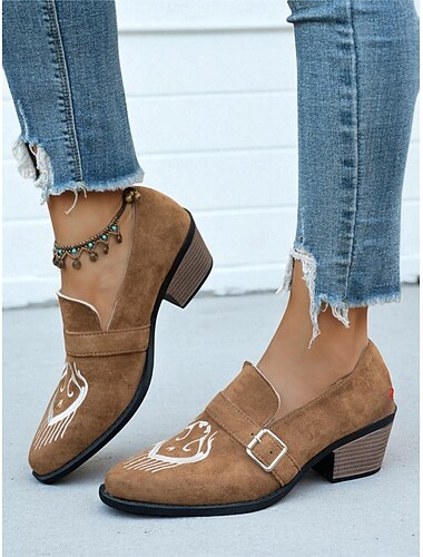  Bruine damesschoenen met geborduurde dikke hak en gespband – schoenen in westerse stijl voor casual outfits en festivals