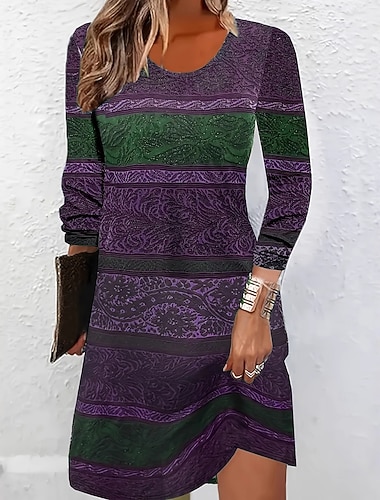  Γυναικεία Μίνι φόρεμα Κοντομάνικο φόρεμα Φόρεμα για τον ήλιο Φόρεμα σε γραμμή Α Καθημερινό Κανονικό Γραφική Boho Paisley Damask Μακρυμάνικο Στρογγυλή Ψηλή Λαιμόκοψη Θαλασσί Βυσσινί Φθινόπωρο Χειμώνας