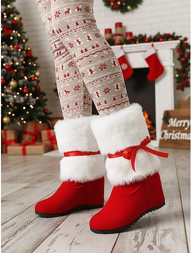 Women's Red Fur-Lined Wedge Boots with Bow - Cozy Winter Boots for Holiday Parties, Christmas, Casual Outings and Cold Weather Wear   Women's Red Fur-Lined Wedge Boots with Bow - Cozy Winter Boots for Holiday Parties, Christmas, Casual Outings and Cold Weather Wear