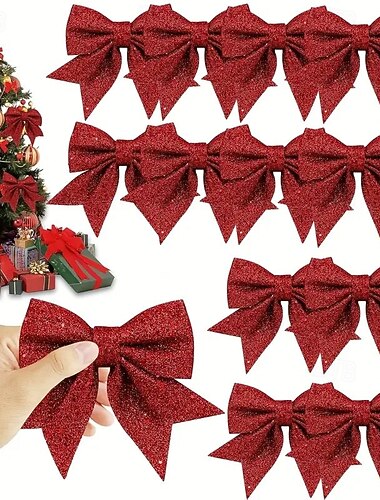  12 stk. julebåndsløyfer julepynt juletrepynt – glittersløyfer til tre, gaver, feriehus, fest og kransdekor