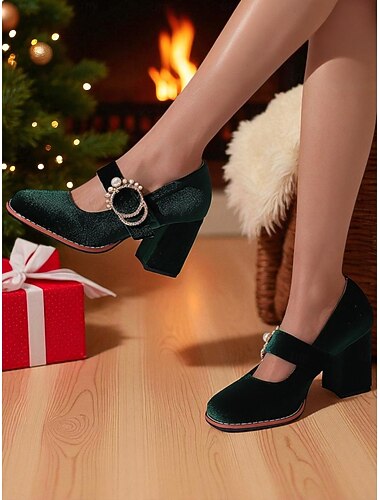  Dámské zelené sametové boty na vysokém podpatku s motivem Mary Jane s robustním blokovým podpatkem a perleťovou sponou - vintage retro společenské boty z 50. let, ideální na vánoční večírky a svatby.
