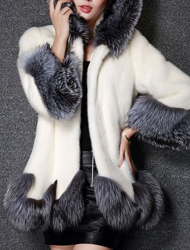  Damen Kunstpelzmantel Warm Bequem Patchwork Tasche Knöpfe Pelzkragen Mode Farbblock Outdoor Urlaub Ferien Ausgehen Lang Mit Kapuze Normale Passform Langarm Oberbekleidung Schwarz Weiß Herbst Winter