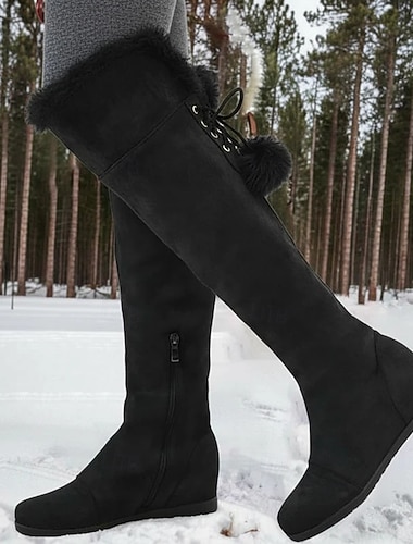 botas de inverno femininas acima do joelho cinza com acabamento em pele sintética e salto cunha - calçados quentes e elegantes para clima frio   botas de inverno femininas acima do joelho cinza com acabamento em pele sintética e salto cunha - calçados quentes e elegantes para clima frio