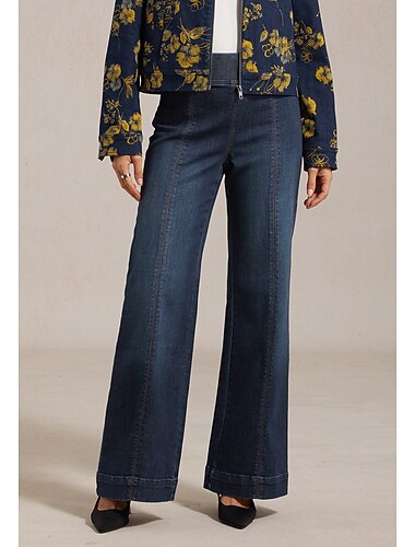 بنطلون جينز نسائي واسع الساق بخصر مطاطي ولوحة أمامية للتخسيس وعطلة غير رسمية يومية للربيع والصيف والخريف   بنطلون جينز نسائي واسع الساق بخصر مطاطي ولوحة أمامية للتخسيس وعطلة غير رسمية يومية للربيع والصيف والخريف