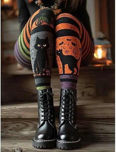  Kvinne Leggings Ferie Vintage Mote Full Lengde Høy Midje Bukser Grafisk Dødningehode Katt Trykk Myk Pustende Elastisk Ute Ferie Gate Mørk Rød Oransje Grå Vår Høst Vinter Slank Passform