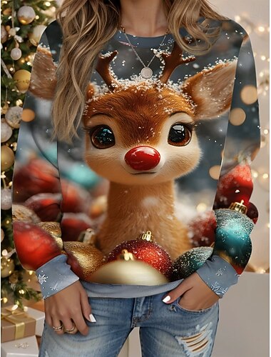 Damen Pullover Sweatshirt Grafik Tiermotiv Rentier Lässig Langarm Rundhalsausschnitt Normale Oberteile Straße Lässig Ferien Druck Blau Dunkelgrün Dunkelblau Frühling Herbst Winter   Damen Pullover Sweatshirt Grafik Tiermotiv Rentier Lässig Langarm Rundhalsausschnitt Normale Oberteile Straße Lässig Ferien Druck Blau Dunkelgrün Dunkelblau Frühling Herbst Winter