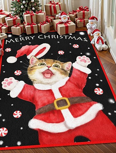  שטיח אזור חתול סנטה לחג המולד לחדר מגורים וחדר שינה שטיח רך לא מחליק שניתן לכבס במכונה עם עיצוב חתלתול חמוד בחליפת סנטה בגודל 5x7 רגל קנדי סנואו מאת קיומי האראי