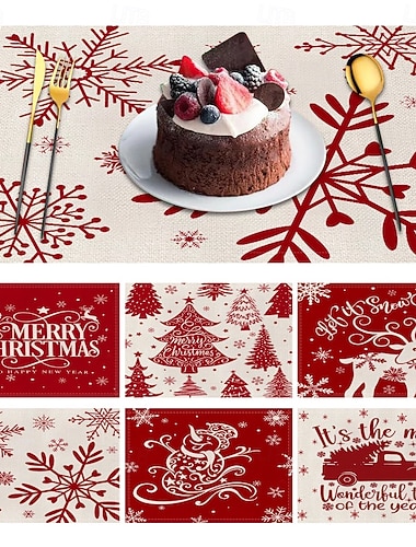  6 stk. julerød snøfnugg juletre gnom isolert bordmatte julelin firkantet bordmatte smussavvisende bordmatte valgfri for hjemmets spisestue og restaurantborddekorasjon hjemmeartikler 3