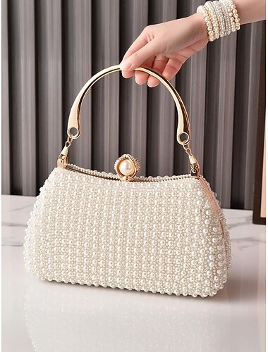  Dame-clutch med perlemotiv og gullhåndtak, elegant veske til bryllup, cocktailfest og formelle arrangementer – tilgjengelig i flere farger