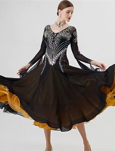  Kjole til dame med ballroom-dans, strass-nett, lange ermer, vals-tango, konkurranseopptredenskjole med lagdelt gullkant – svart gull