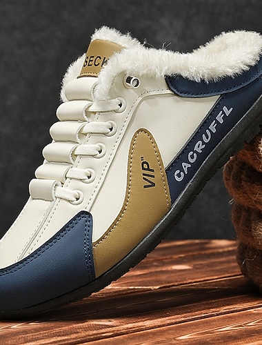  Zapatillas de invierno blancas y azules para hombre: cálidas y cómodas con forro de piel sintética, perfectas para un look casual de invierno, actividades deportivas y clima frío.