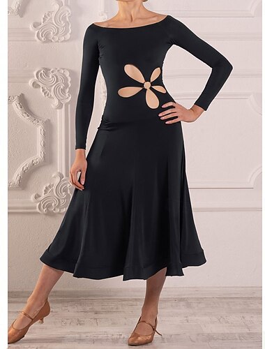  Kjole til ballroom-dans for kvinner med utskjæring, lange ermer, moderne tango, vals, latin, konkurransekjole – svart