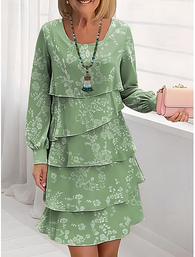  Γυναικεία Φόρεμα μέχρι το γόνατο Καθημερινό φόρεμα Φορέματα σιφόν Φόρεμα ριχτό Κομψό Διακοπές Στυλάτο Κανονικό Φλοράλ Μακρυμάνικο Στρογγυλή Ψηλή Λαιμόκοψη Ανθισμένο Ροζ Θαλασσί Πράσινο του τριφυλλιού