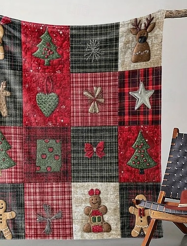 digitaltryckt vintagerutig julfilt med pepparkaka, rosett och julgran &blommönster, mysig flanellpläd   digitaltryckt vintagerutig julfilt med pepparkaka, rosett och julgran &blommönster, mysig flanellpläd