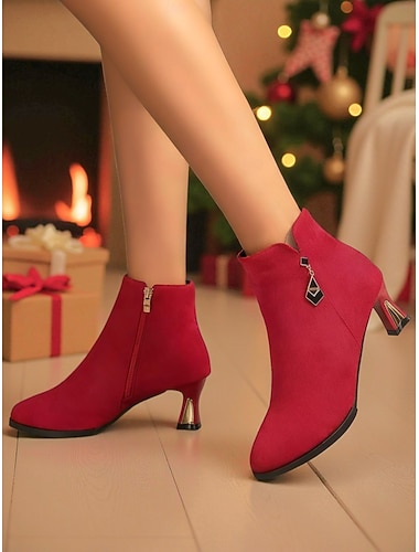 Botas femininas de camurça vermelha com zíper e salto metálico - estilosas, elegantes, perfeitas para o Natal, festas de fim de ano e uso diário   Botas femininas de camurça vermelha com zíper e salto metálico - estilosas, elegantes, perfeitas para o Natal, festas de fim de ano e uso diário