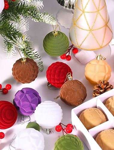  Lot de 12 boules de Noël en velours floquées de 6 cm, boules de Noël de forme unique pour décorations d'arbre de Noël, décorations suspendues pour la maison, fête