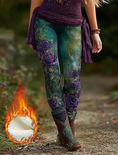  Per donna Leggings Leggings comodi Vintage Moda Streetwear Lunghezza intera Vita AltaPantsNatale Floreale Grafico Stampa Pile Calore Termico Comodo Elasticizzato All'aperto Casual Quotidiano Blu